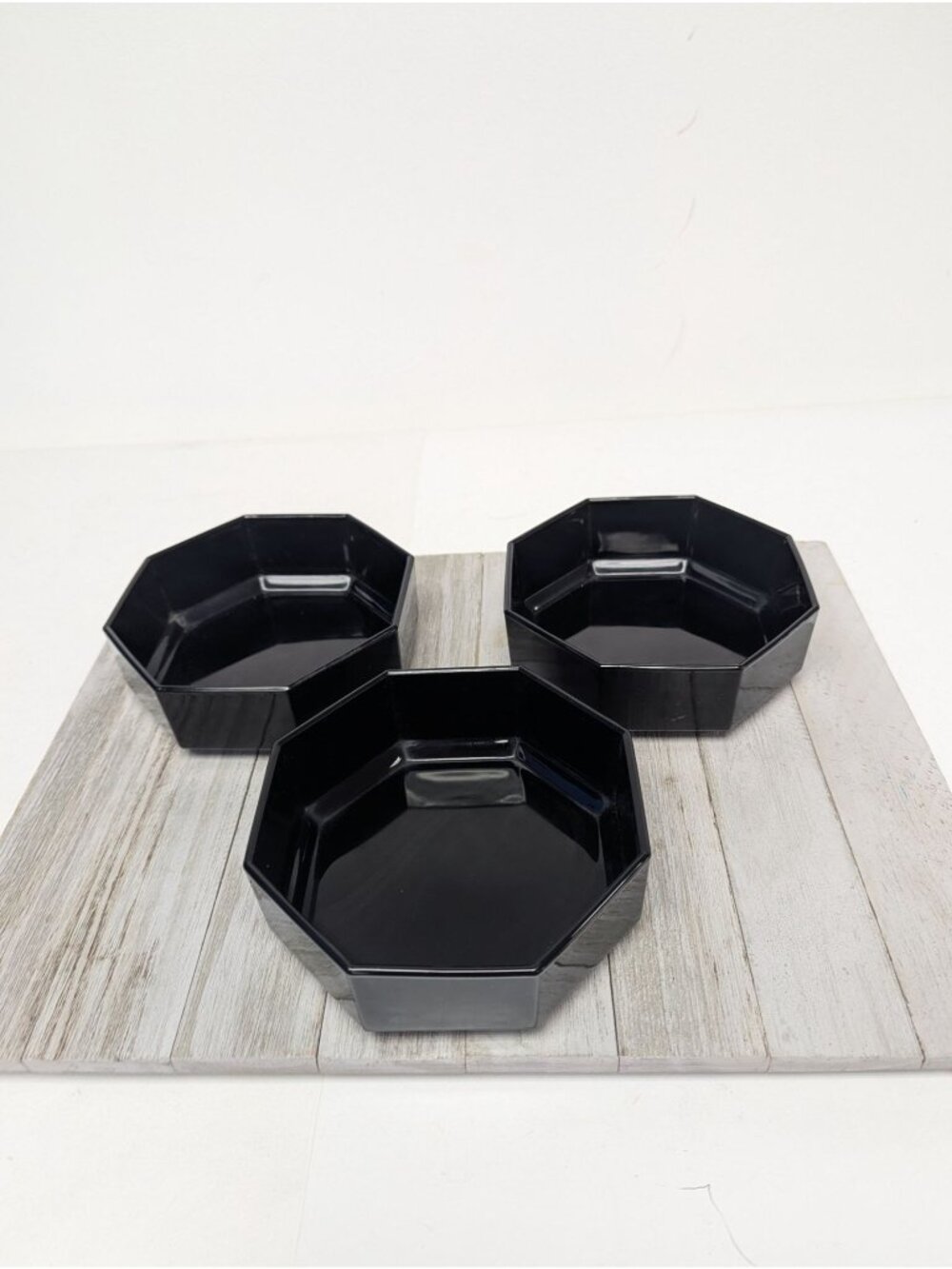 Set of 3 Arcoroc France Octime Black Glass Octagon Soup Cereal Bowls